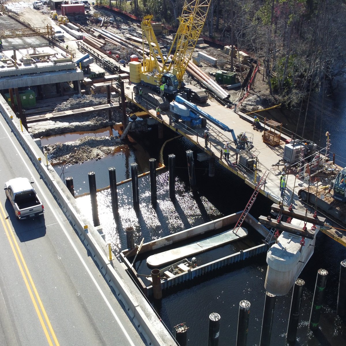 Deep foundation steel work beside an active roadway