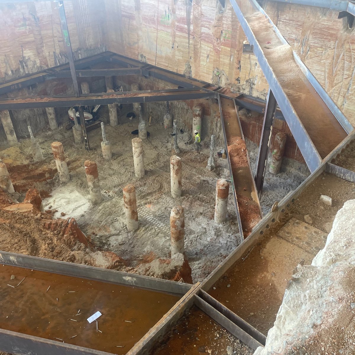 Deep foundation excavation with steel bracing